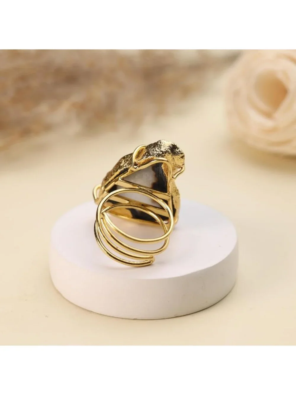 Chunky Gold Plated Adjustable Agate Druzy Ring - Natural Geode Statement Jewelry